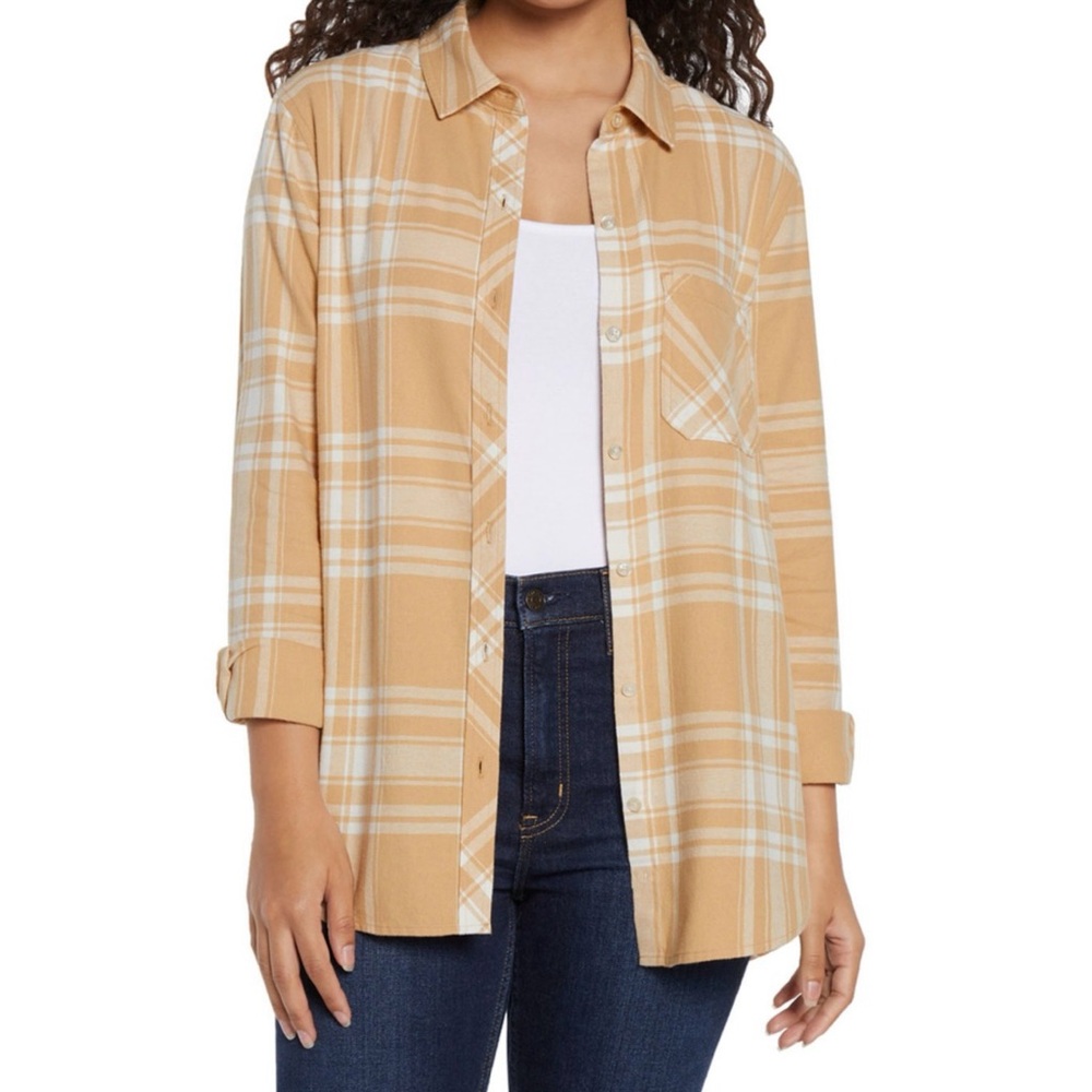 Plaid Button-Up Shirt in Beige